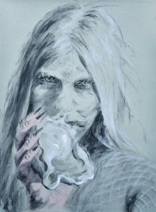 charcoal drawing of mermaid blowing conch by rebecca parkin